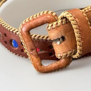 Vintage Handcrafted Leather Boho Belt Woven Cutout Western 70s Style Size 36 🌾